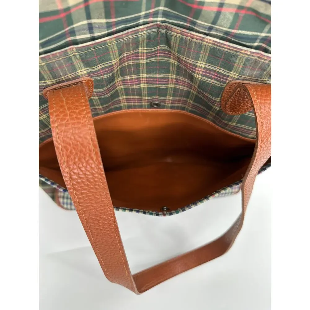 Vintage Fossil Canvas Tote Mixed Plaid Cognac Leather Trim Y2K Zip Top